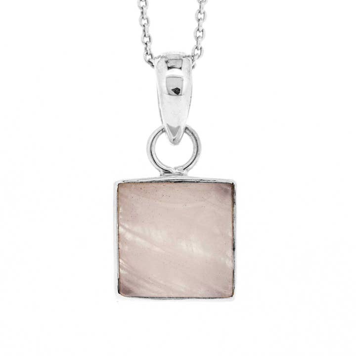Fyrkantigt rosenkvarts hänge med 18 ”spårkedja och låda för wholesale av Nova Silver