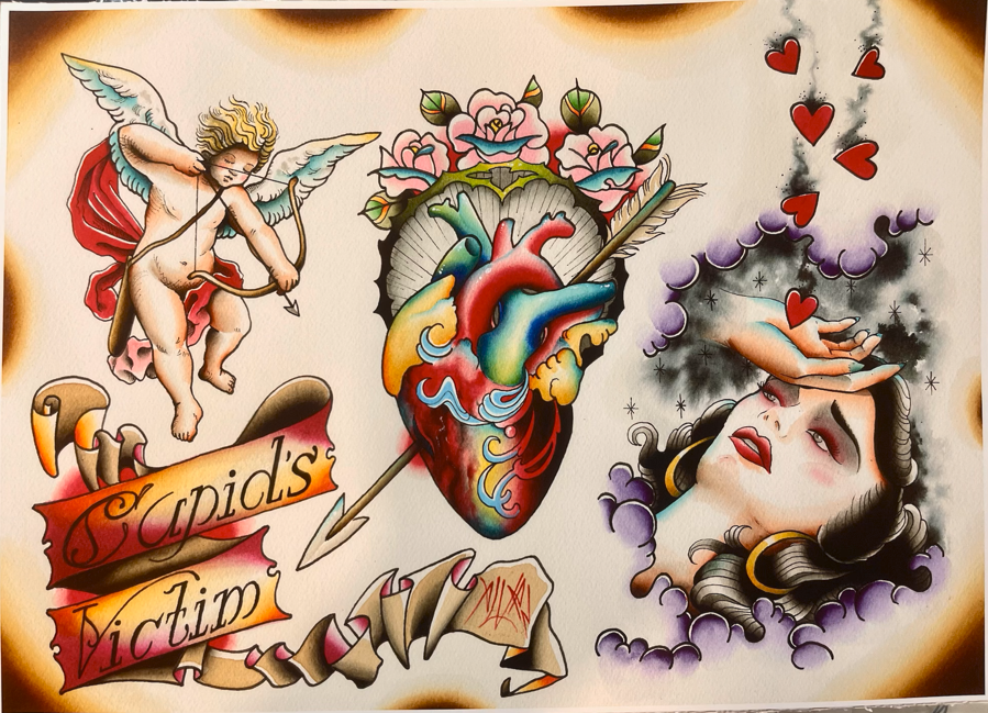 Dead Rockers - Wholesale Art Print - Cupid's Victim Tattoo Flash Art Print0