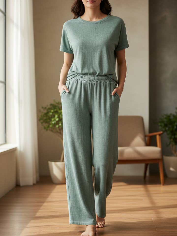 Bred, flydende bukser med elastisk talje og lommer 20532 for engroshandel hos Shyloh