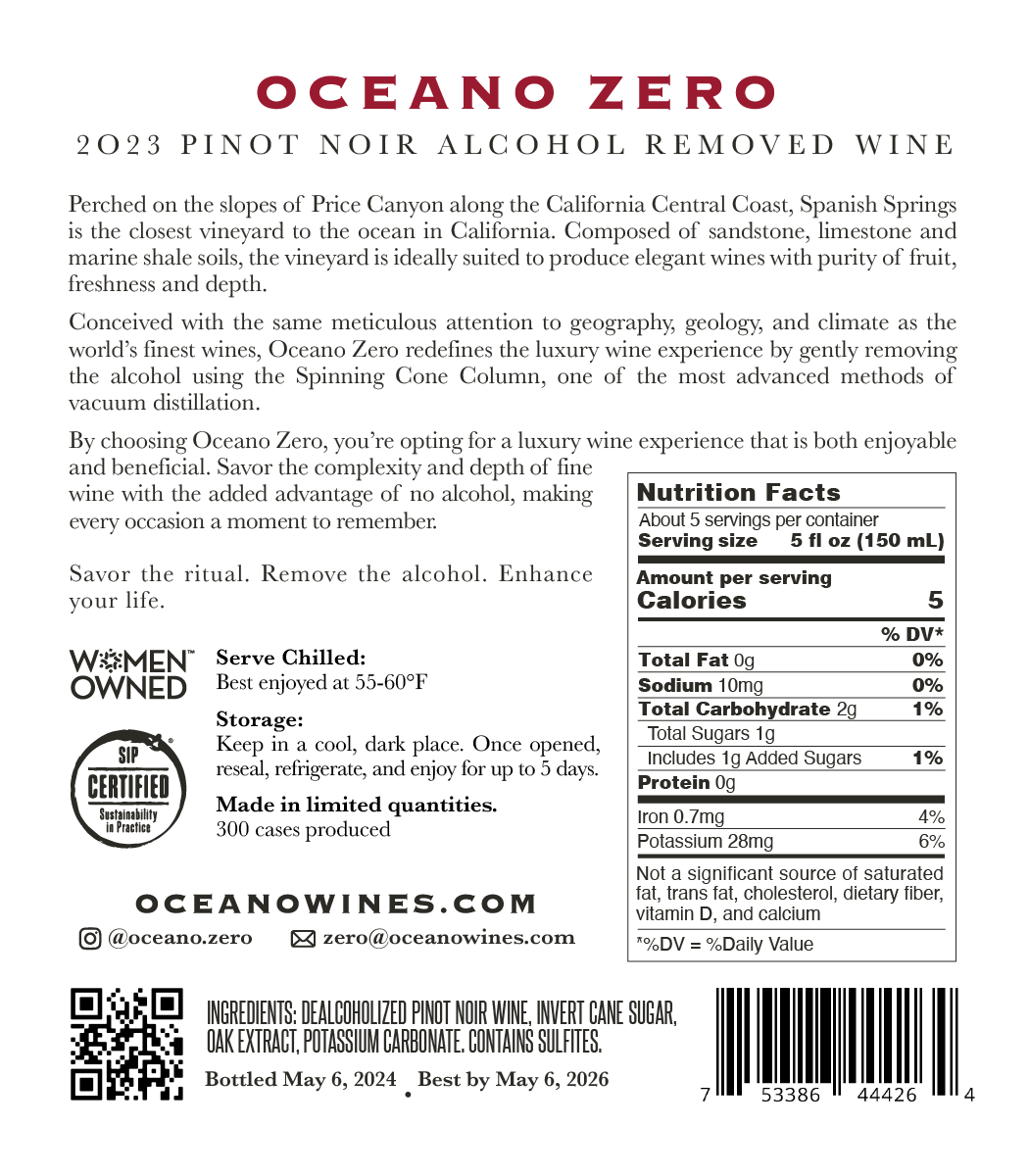 Oceano Wines - Wholesale Non-Alcoholic Spirits/Wine/Beer - 2023 Oceano Zero Pinot Noir - SOLD OUT5