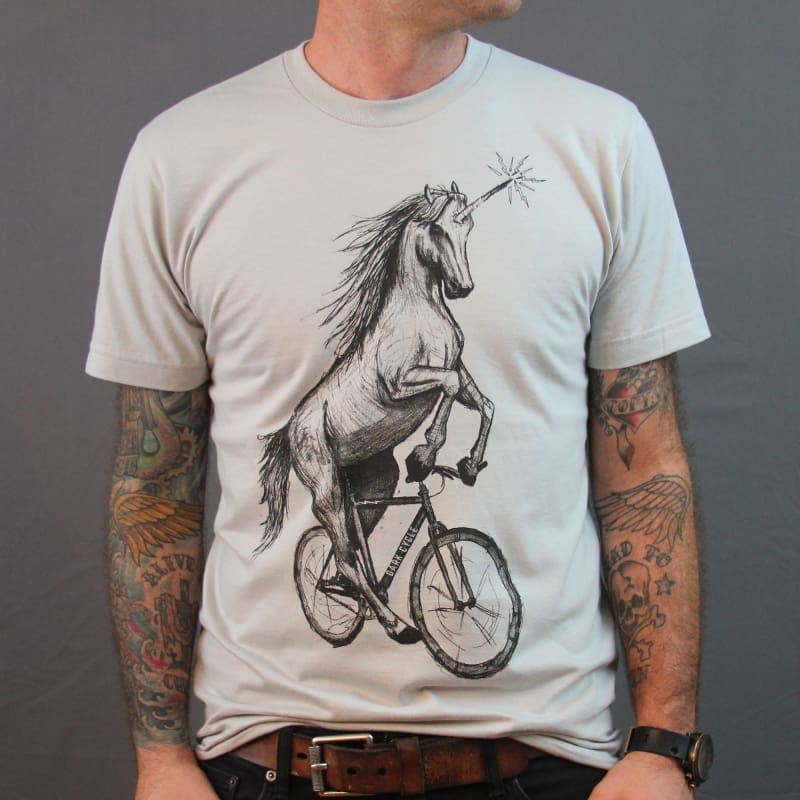 Dark Cycle Clothing - Wholesale Screen Printed T-Shirt - Unisex - Unicorn on A Bicycle Men's/Unisex Shirt0
