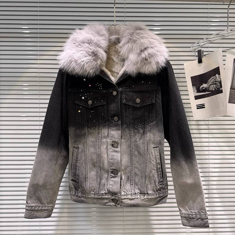 Productseeker - Wholesale Spijkerjack/spijkerjas - Dames - CT142 2025 Winter Gradient Spijkerjas met Vossenbontkraag0