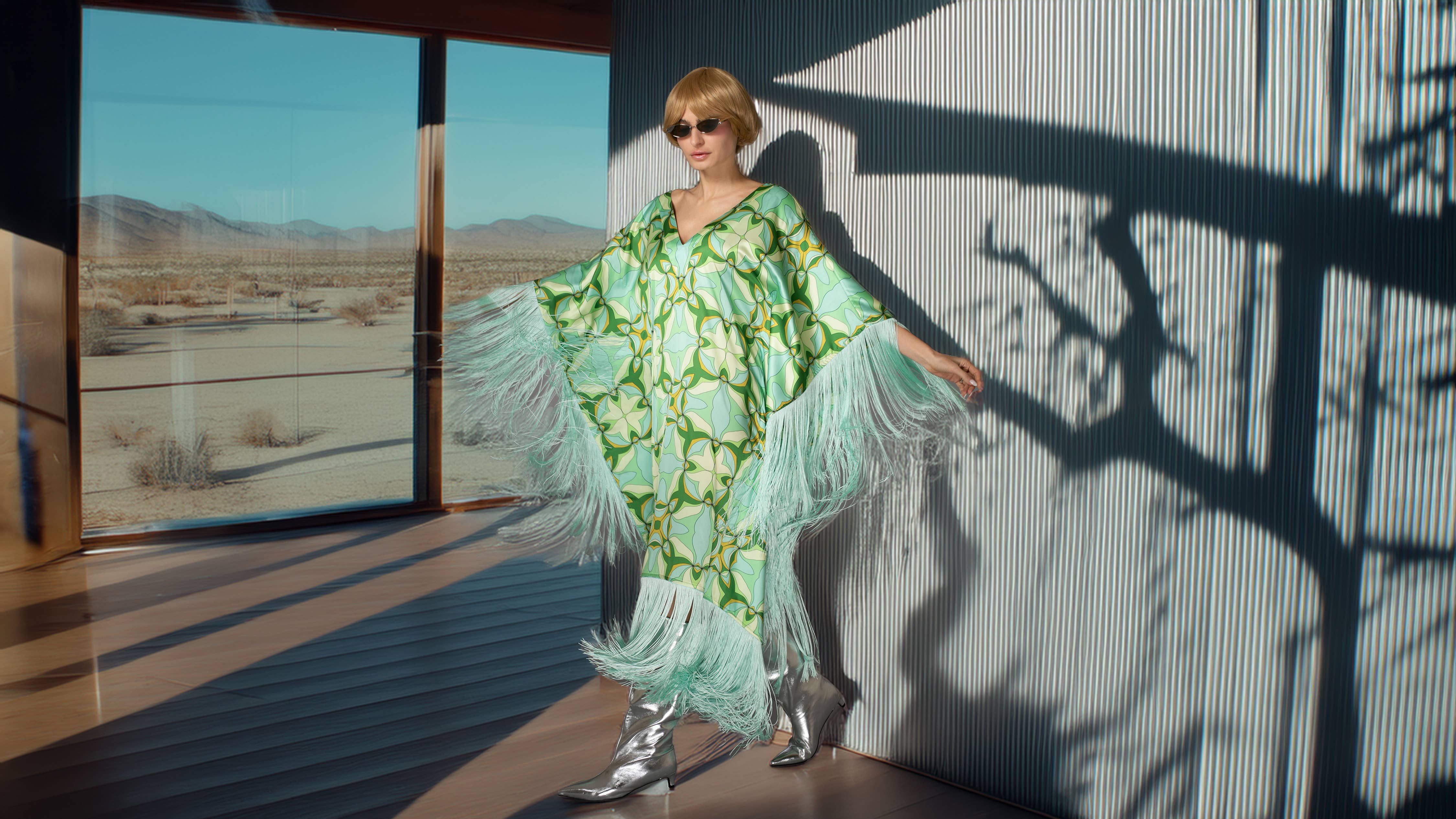 Nuvula - Wholesale Kaftan - Women's - Mint Green Fringed Satin Long Kaftan Dress 1