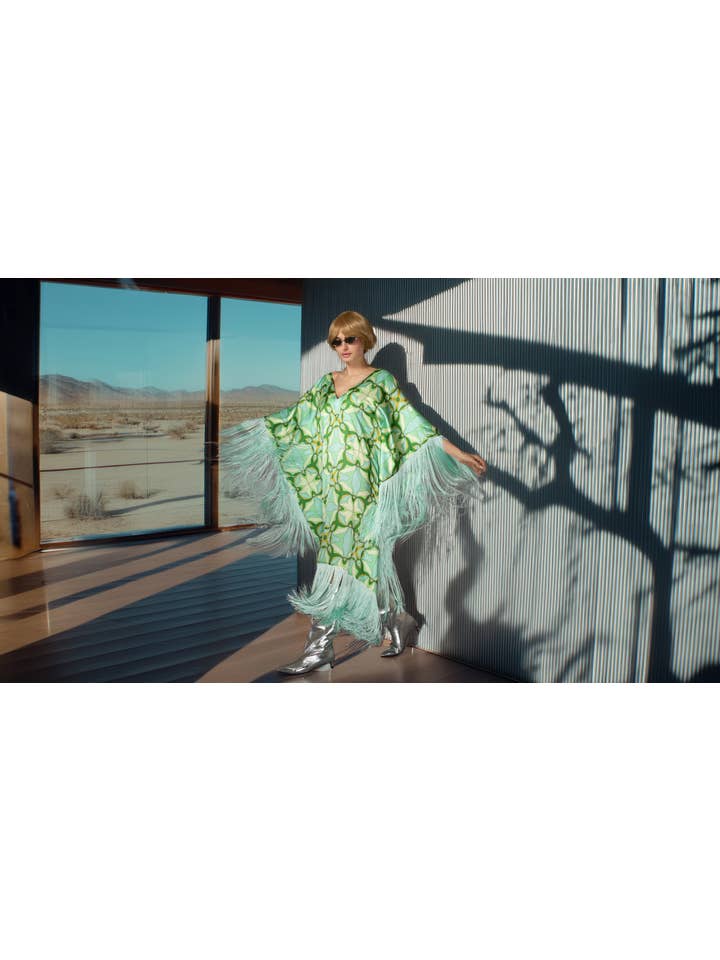 Nuvula - Wholesale Kaftan - Women's - Mint Green Fringed Satin Long Kaftan Dress 1