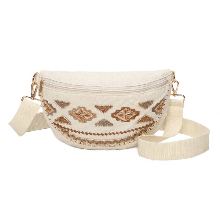 Sac banane avec détails perles, sequins et surpiqûres pour la vente par INES DELAURE