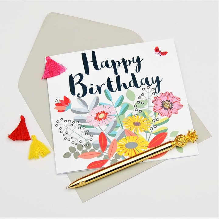 Claire Giles Ltd – wholesale Birthday card – Birthday Card, Bouquet, Happy Birthday, Embellished with a colourful tassel2