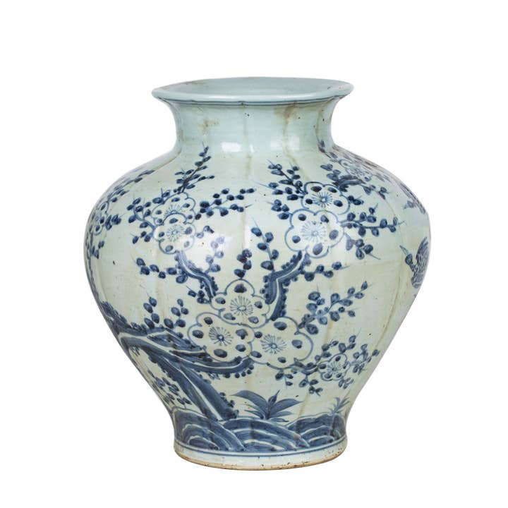 Blue White Plum Blossom Fluted Jar - for wholesale by Legend Accents