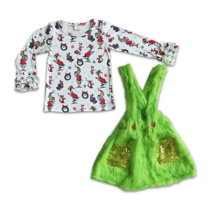Yawoo Garments - Wholesale Top & Skirt Set - Kids - Green faux fur suspender skirt match long sleeve shirt girl Christmas outfits0