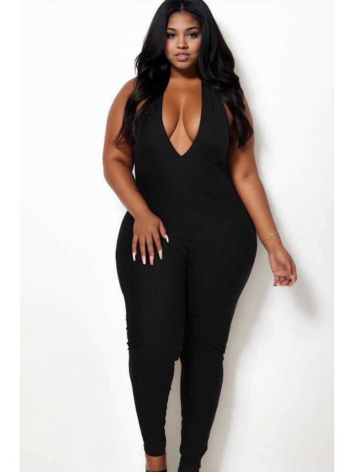 CAPELLA APPAREL - Wholesale Jumpsuit - Women's - Plus Size Halter V Neck Ribbed Bodycon Jumpsuit1