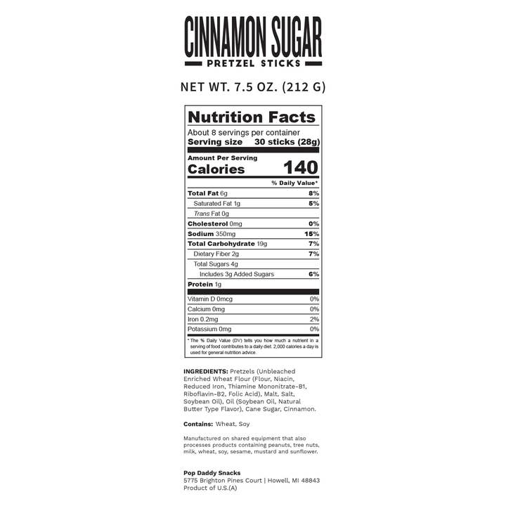 Pop Daddy Snacks - Wholesale Pretzels - Pop Daddy – Cinnamon Sugar Seasoned Pretzels 7.5oz