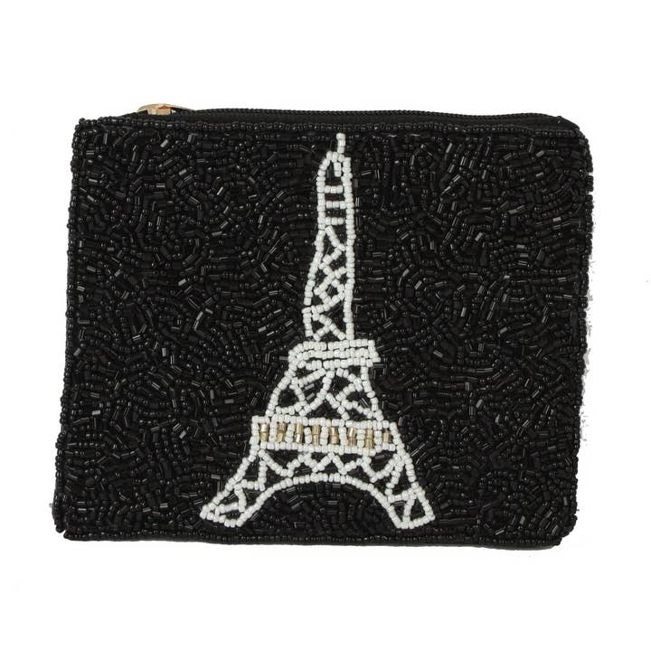 Porte-monnaie noir entièrement perlé sur le thème de la Tour Eiffel pour femme pour la vente par Nima Accessories Inc