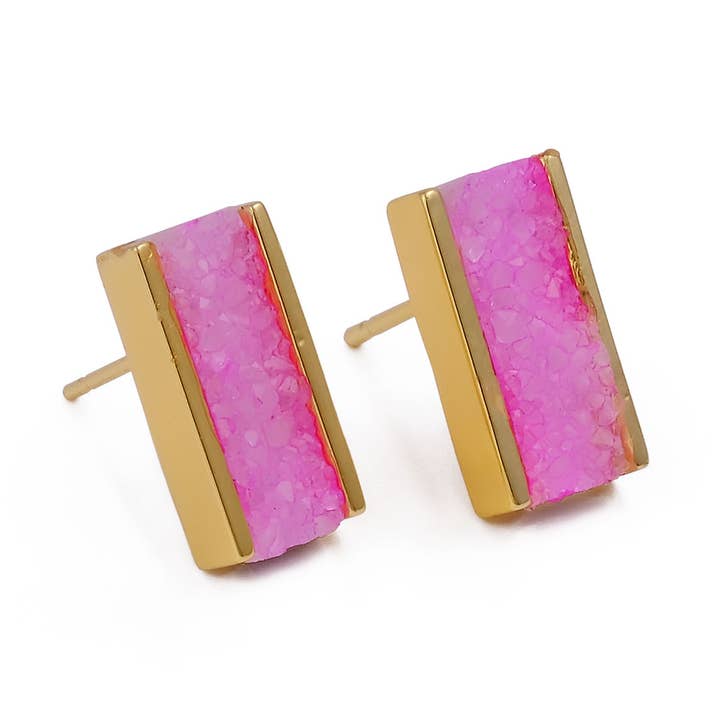 Pink Druzy Gemstone Anti-Tarnish Bar Collet Set Stud Earring for wholesale by El Joyero