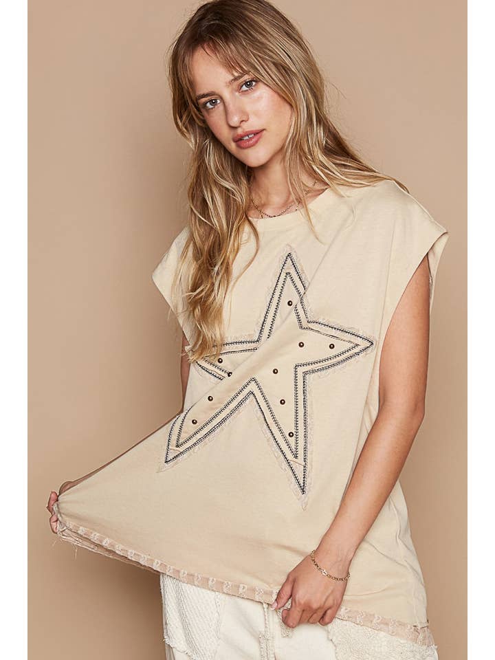 Pol Clothing - Wholesale Knit Top - Women's - Round neck sleeveless star patch knit top