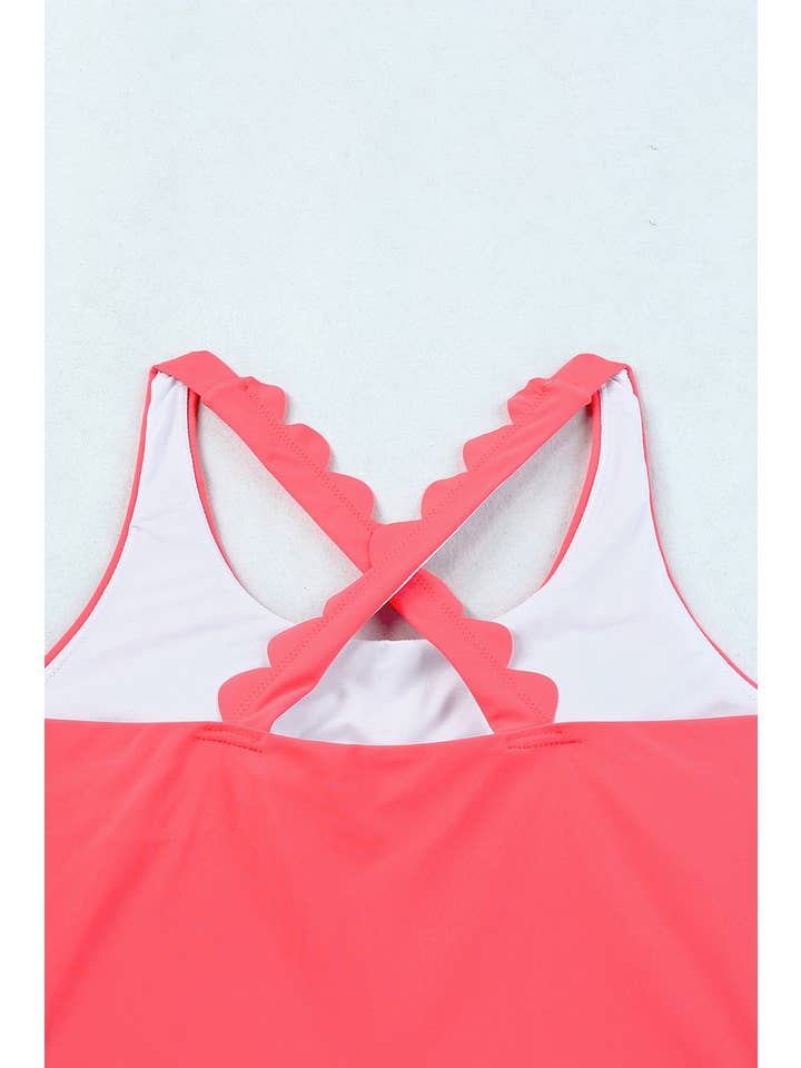 EG fashion - Wholesale Two Piece Swimsuit - Women's - Pink Scalloped Sleeveless High Waisted Two Piece Swimsuit9