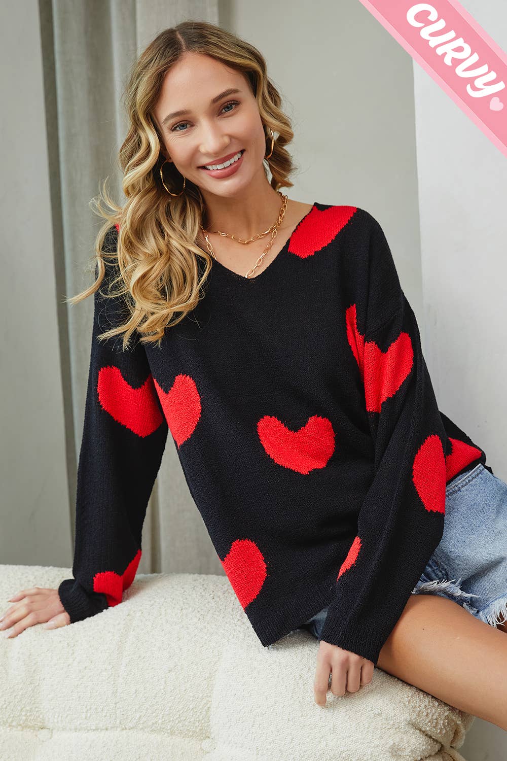 Sweet Lovely by Jen – Engroshandel Pullover - Dame – SW220PL MULTI HJERTE SWEATER PLUS STØRRELSE20