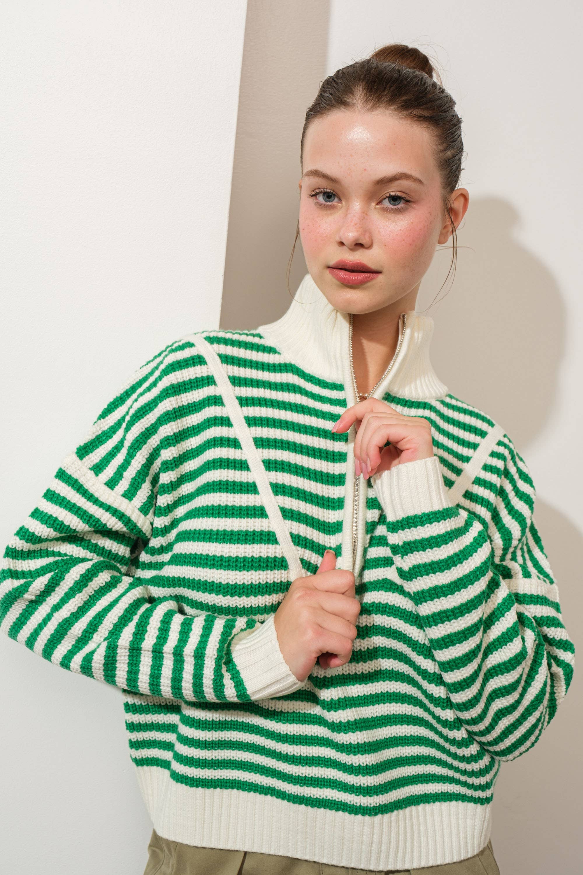 Creamon - Wholesale Knit Sweater - Women's - Preppy Californian Half-zip Striped Sweater-GREEN3