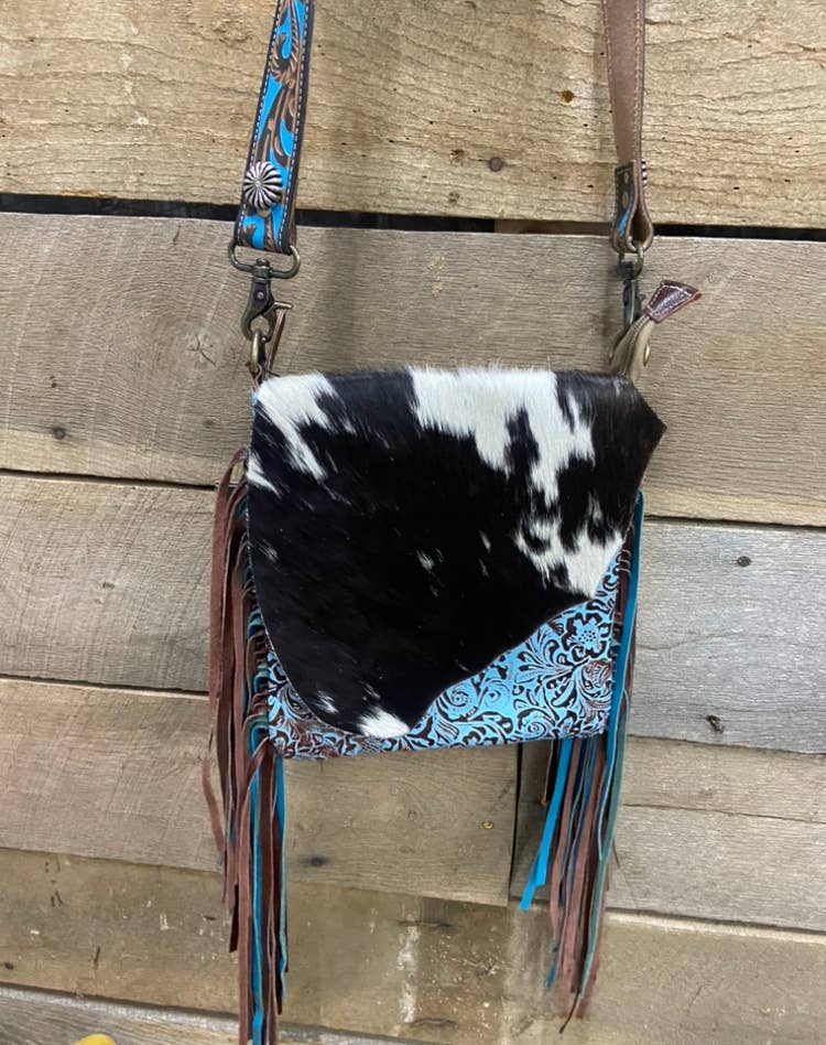 Cowhide cross body bag black White Cow Hide Purse – Boho Living Room