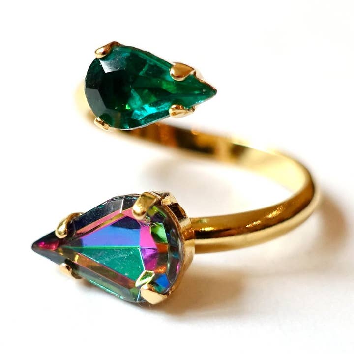 Double Ring Drop Ring Green Purple Vintage Glass 1970s for wholesale by SoHo Schmuckmanufaktur