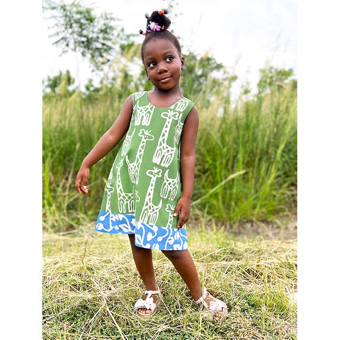 Kids: Reversible Dress: Giraffe - Olive - Organic for wholesale by Global Mamas