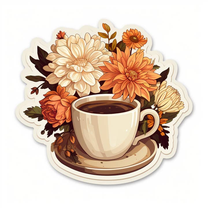 Autocollant imperméable en vinyle Cup O' Flowers pour la vente par Elizarae Co.