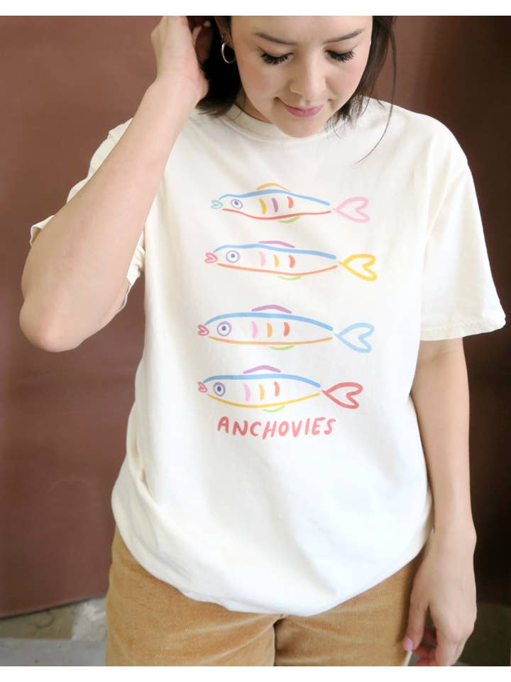 Joseph + Sue - Wholesale Screen Printed T-Shirt - Women's - Anchovies Tee, Vintage Wash T-Shirt