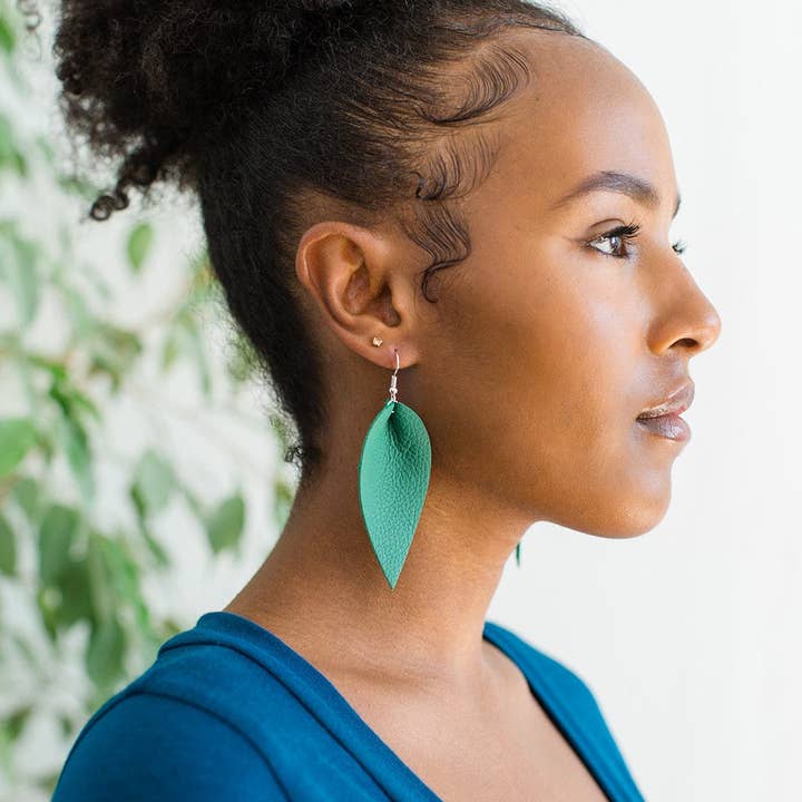 Whitebirch Handmade Goods - Wholesale Dangle Earrings - Emerald Green Leather Leaf Earrings1