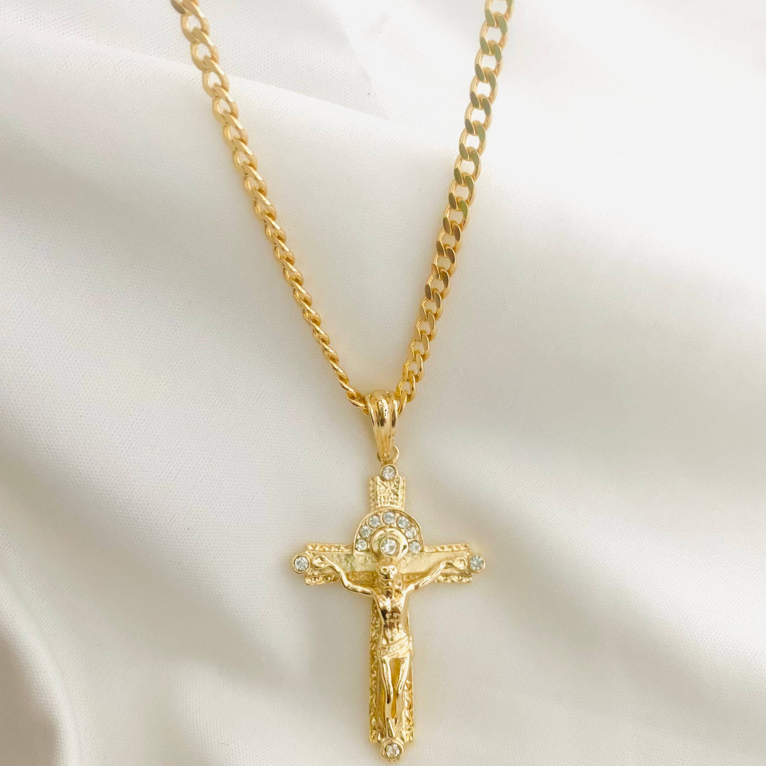 Housegoldjewelry - Vente Colliers à pendentif - Grand collier en forme de croix pour homme, chaîne en forme de croix de Jésus, fille en or 18 carats6