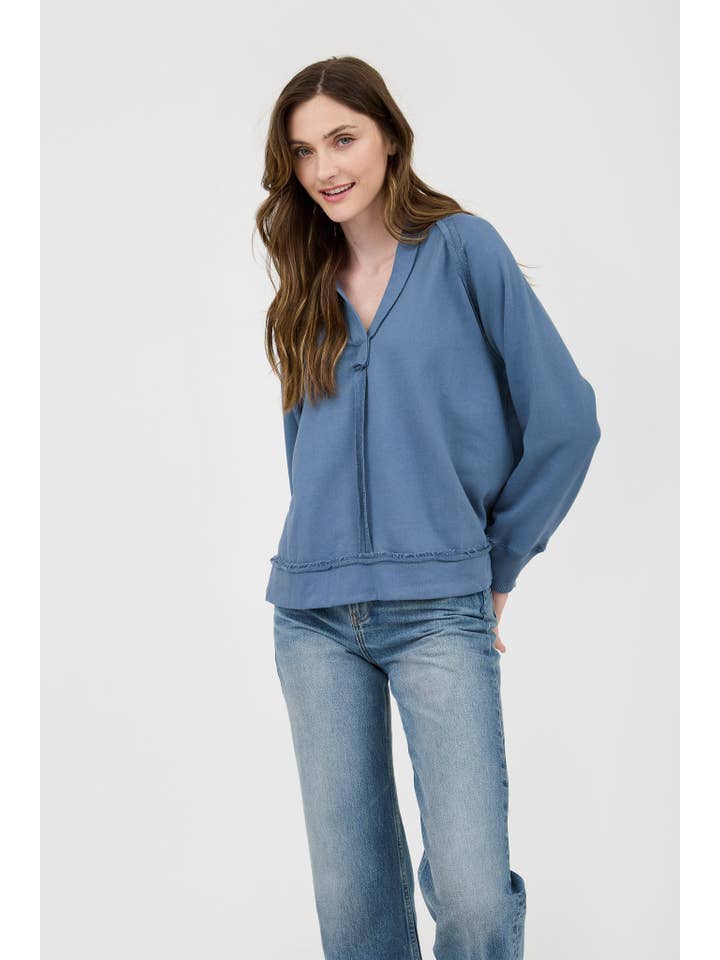 Blu Pepper - Wholesale Knit Top - Women's - PLUS HOODED V NECK RAW EDGE LONG SLEEVE KNIT TOP