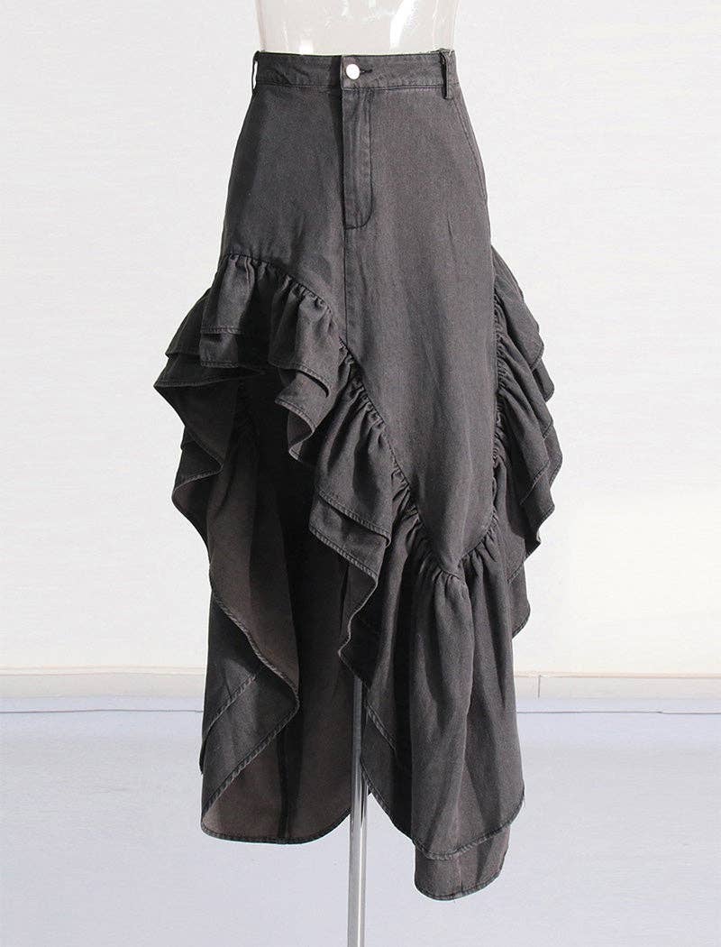 GREY Asymmetrical Ruffle Split-Hem Maxi Skirt for wholesale on Faire0