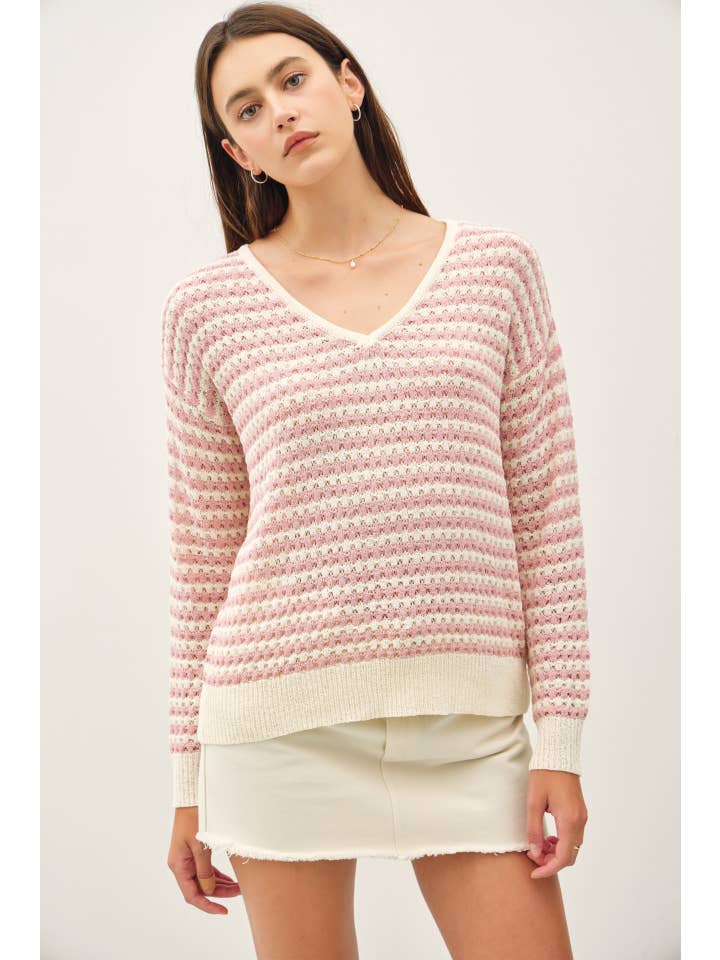 Be Cool - Wholesale Knit Sweater - Women's - LONG SLEEVE STRIPED CROCHET SWEATER