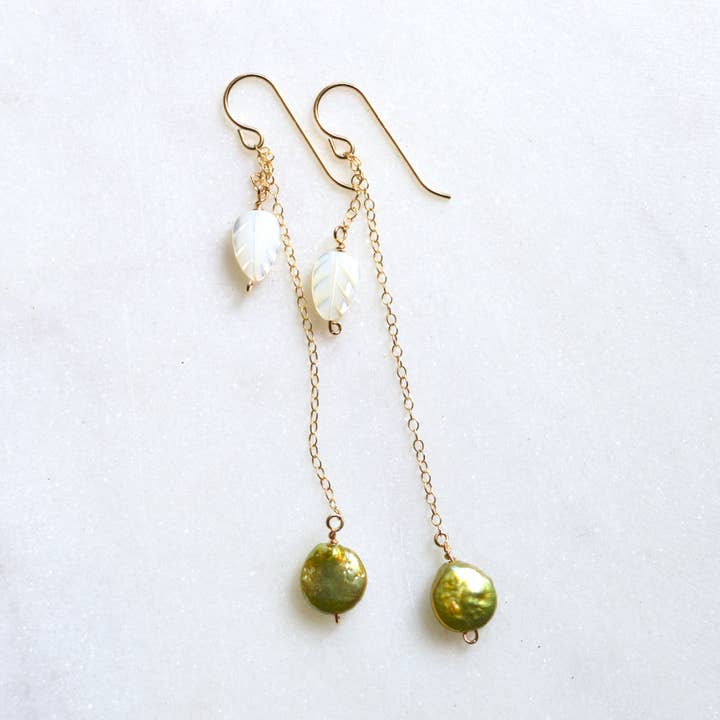Freshwater Pearl and Leaf Earrings for wholesale by Salty But Sweet