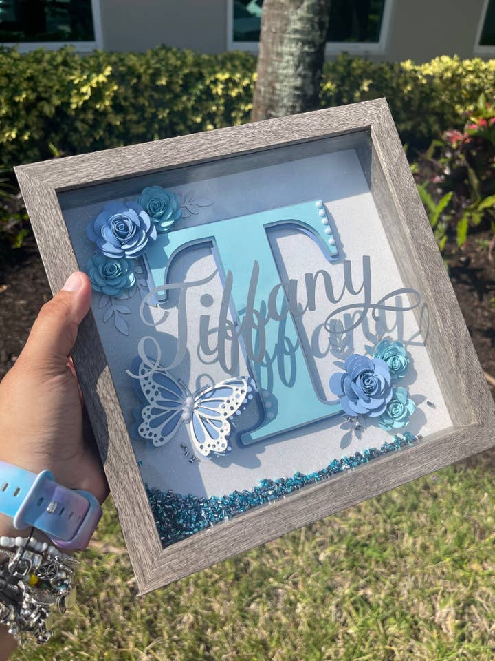 Initial Blue Butterfly - shadowbox for wholesale by Rose Magnolias