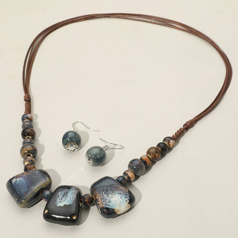 Sensibling Corp. - Wholesale Beaded/Pearl Necklace - Boho Resin Pebble Beaded Adjustable Cord Necklace7