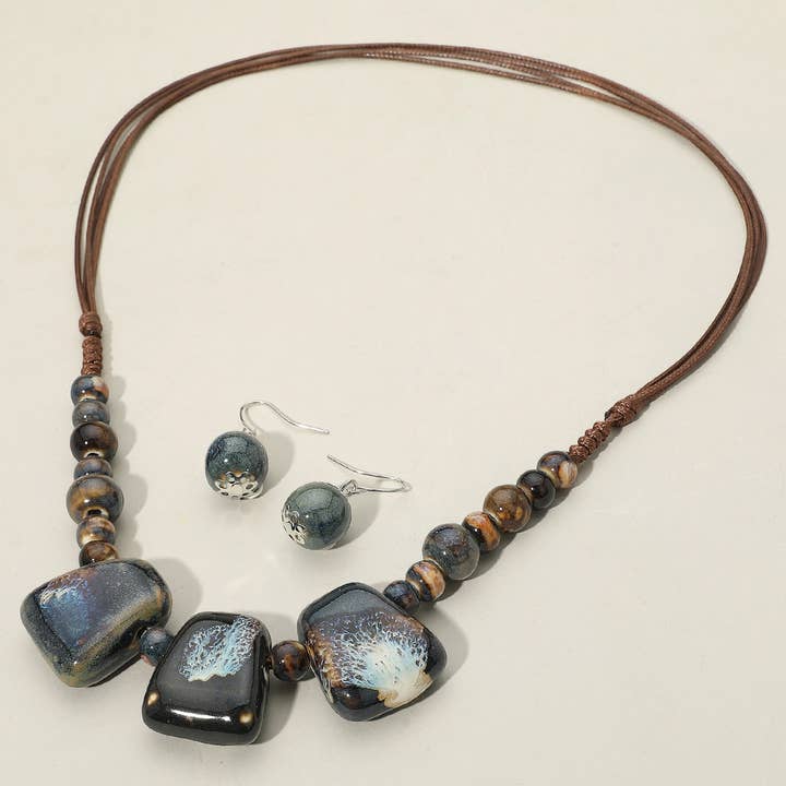 Sensibling Corp. - Wholesale Beaded/Pearl Necklace - Boho Resin Pebble Beaded Adjustable Cord Necklace7