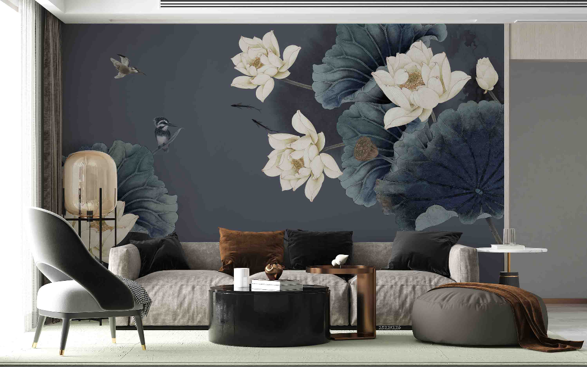 Jess Art Decoration - Vendita all'ingrosso Carta da parati - Carta da parati murale foglia di loto 3D uccello grigio radice di loto YXL 7590