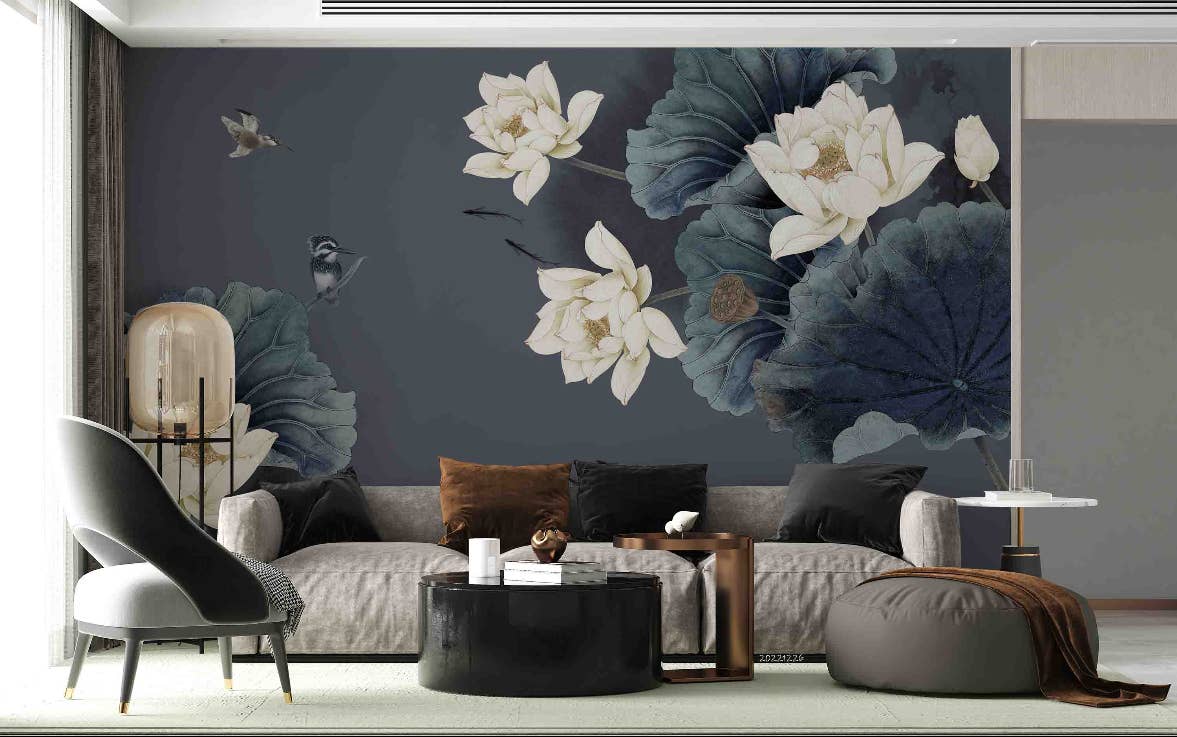 Jess Art Decoration - Vendita all'ingrosso Carta da parati - Carta da parati murale foglia di loto 3D uccello grigio radice di loto YXL 759