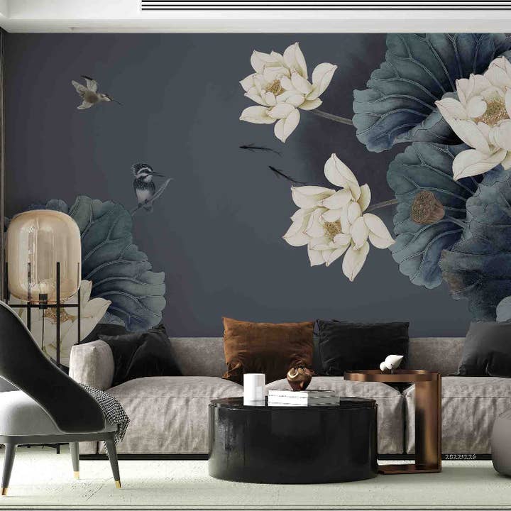 Jess Art Decoration - Vendita all'ingrosso Carta da parati - Carta da parati murale foglia di loto 3D uccello grigio radice di loto YXL 7590