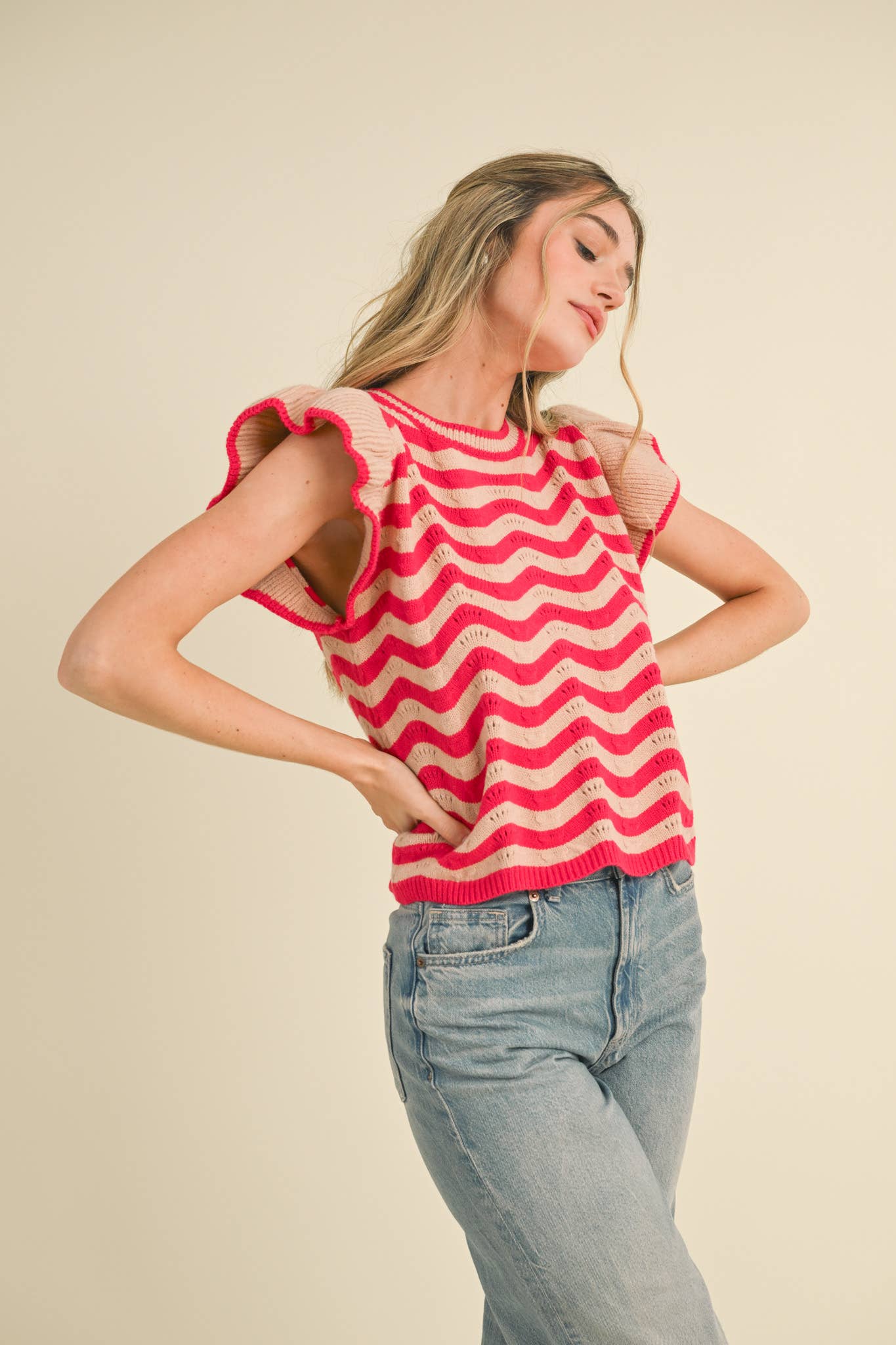 &MERCI - Wholesale Knit Sweater - Women's - WAVY STRIPES FLUTTER SLEEVE SWEATER TOP MSW1050918