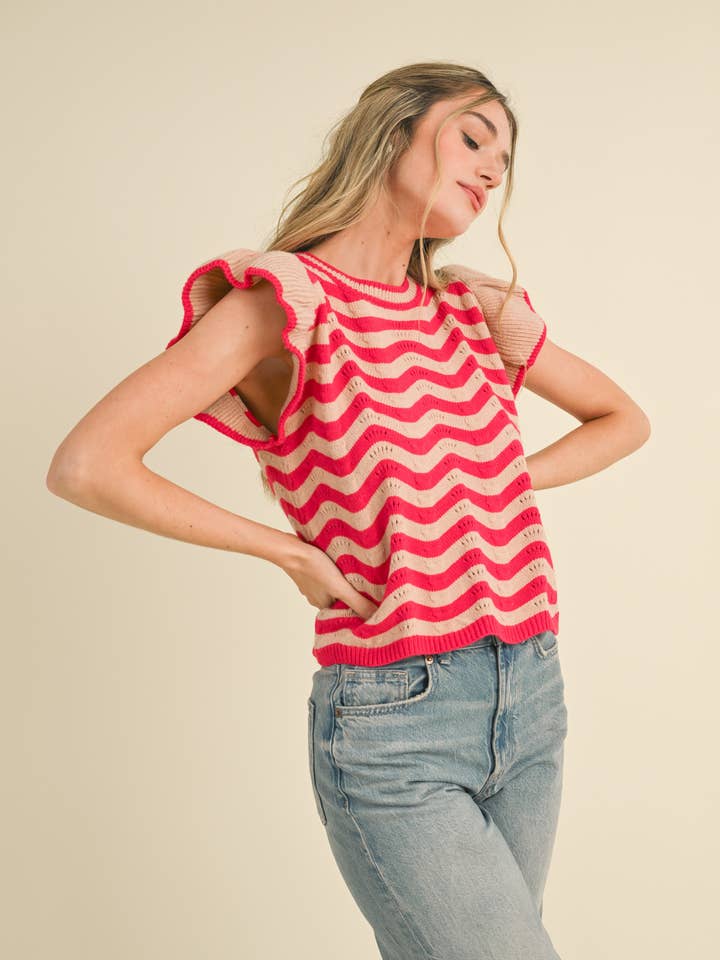 &MERCI - Wholesale Knit Sweater - Women's - WAVY STRIPES FLUTTER SLEEVE SWEATER TOP MSW1050918