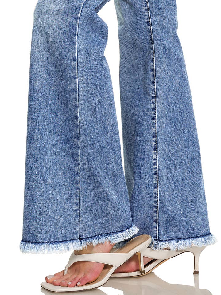 MEDIUM `.High-rise Flare Frayed Denim Jeans Pants for wholesale on Faire5