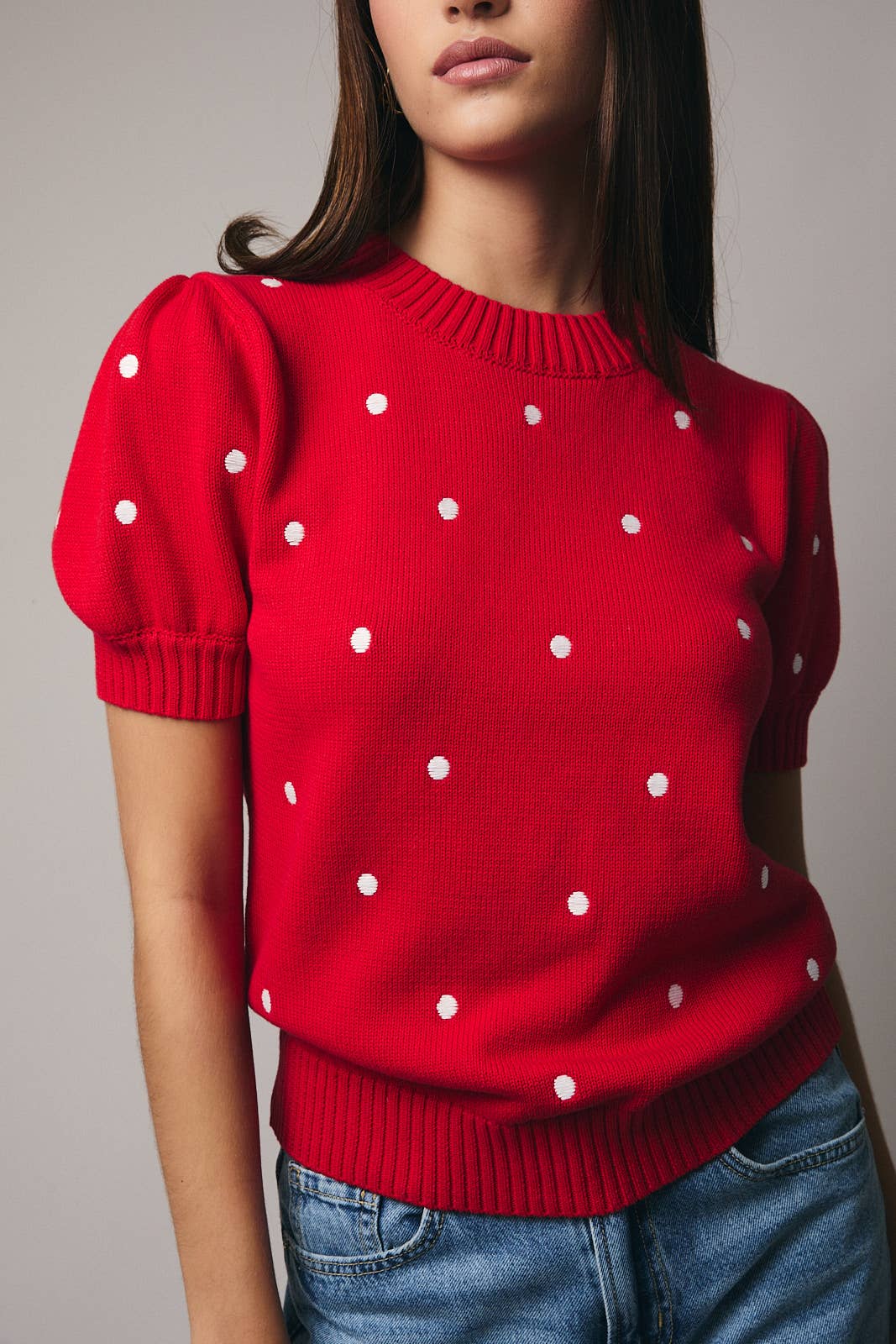 Sunday Edition - Wholesale Knit Sweater - Women's - ROUND NECK PUFF SHORT SLEEVE "POLKA DOT" EMBROIDERED SWEATER16