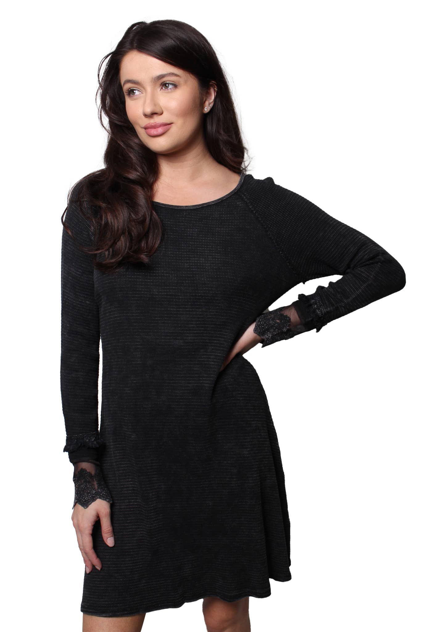 Good Stuff Apparel - Wholesale Dress - Women's - Women's Long Sleeve Round Neck Lace Detail Waffle Dress4