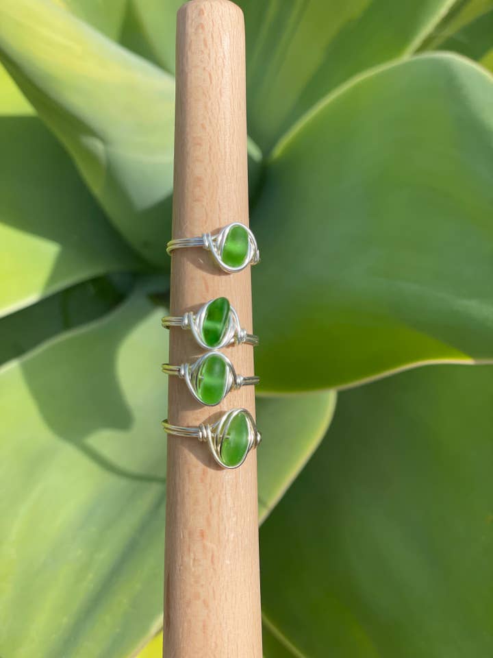 Genuine Kelly Green Sea Glass Silver Plated Ring for wholesale by Seaside treasures