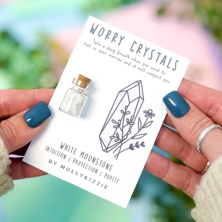 White Moonstone Worry Crystals on Card for wholesale by by Molly&Izzie
