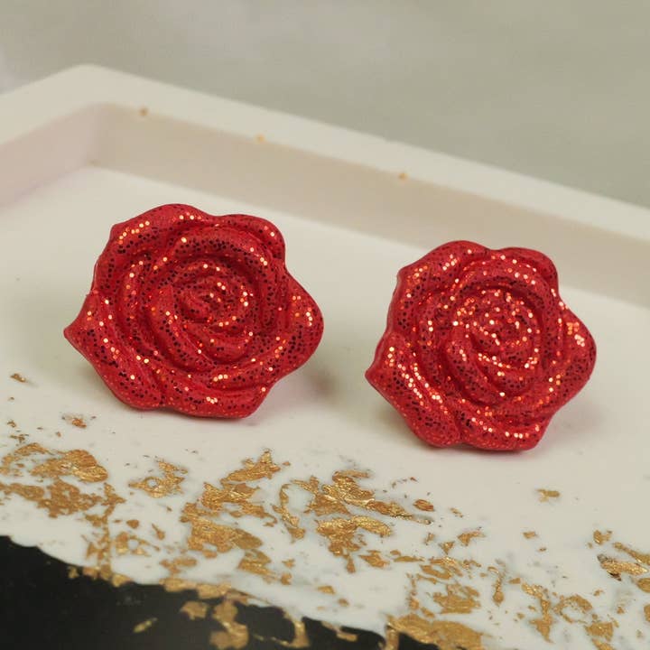 Valentinstag Rote Glitzerrosen Ohrstecker für den Großhandel von Fox and Bunny Rise