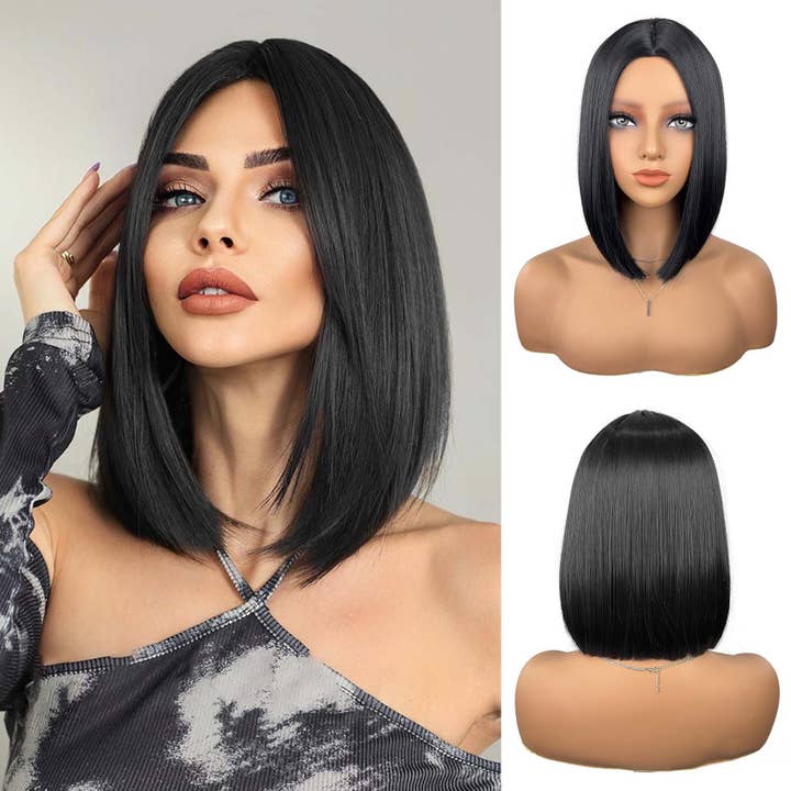 Black Straight Bob Synthetic Wig with Center Part and Sleek Finish for wholesale on Faire4