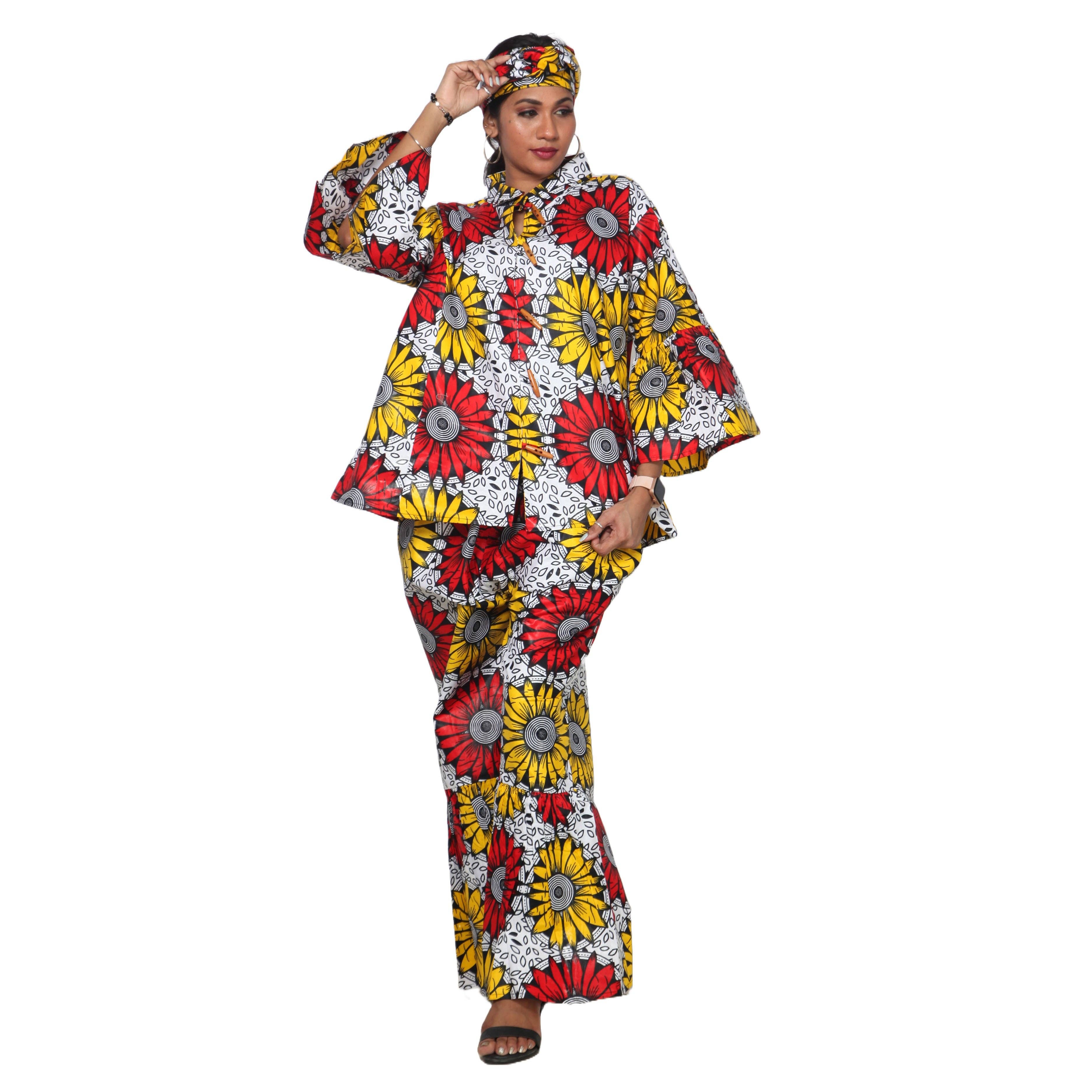 African Stars - Vente Ensemble haut et pantalon (PAS d'intérieur) - Femme - Ensemble Chemisier Femme et Pantalon Palazzo -- Imprimé FI-405042