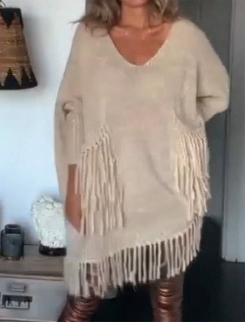 safistyle - Wholesale Tunic Sweater - Women's - Fringe Detail Oversized Sweater8