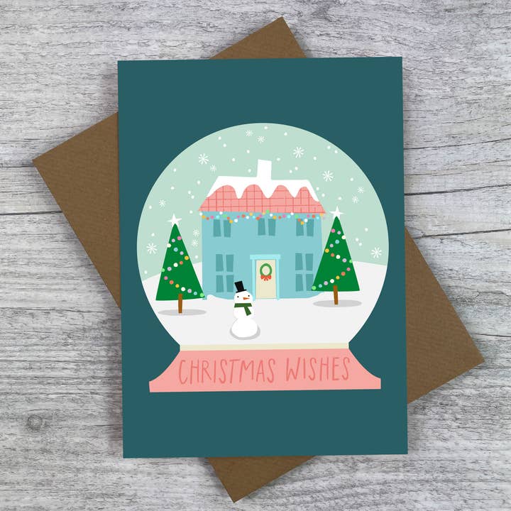 Snow Globe Christmas Card | 'Christmas Wishes' Holiday Card for wholesale by Joanne de Pace Design Studio
