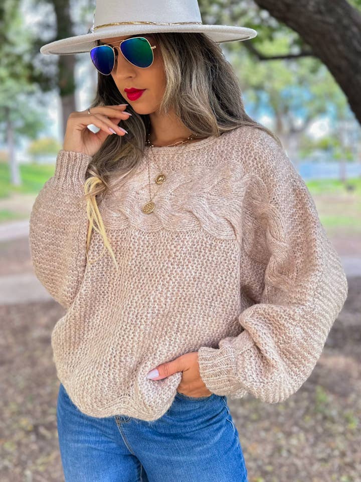 Taupe Lightweight Cable Knit Sweater with Scallop Hem for wholesale on Faire3